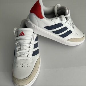 adidas White Sneakers with Navy Stripes and Red Accent NWOT